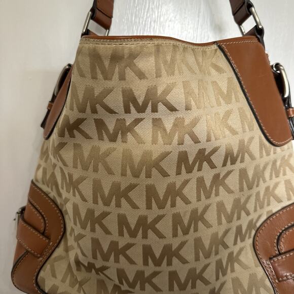 Michael Kors Saddle Brown Leather Medium Hobo Shoulder Bag Tote Jacquard Canvas - Picture 7 of 11